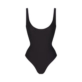 SKIMS BODY SCOOP LOW BACK THONG BODYSUIT | ONYX FLAT ON A WHITE BACKGROUND | FLT