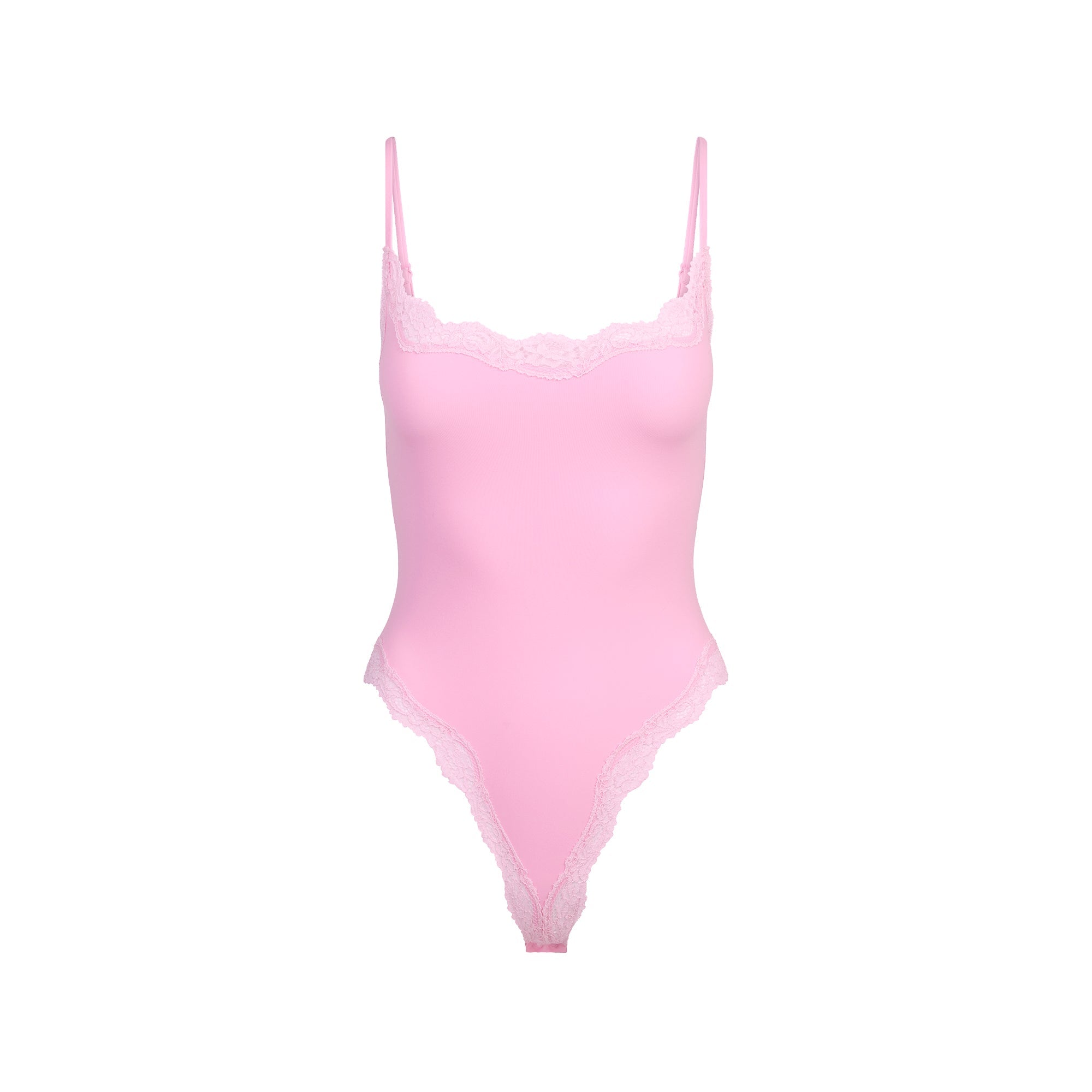 FITS EVERYBODY LACE CAMI BODYSUIT | BUBBLE GUM TONAL FLAT ON A WHITE BACKGROUND | FLT