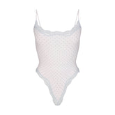 FITS EVERYBODY LACE CAMI BODYSUIT | SLATE PIN DOT PRINT FLAT ON A WHITE BACKGROUND | FLT