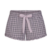 COTTON POPLIN SLEEP RUFFLE SHORT | IRIS MICA NAVY CHECK & LAYS FLAT ON A WHITE BACKGROUND | FLT