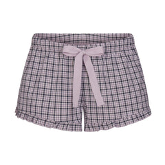 COTTON POPLIN SLEEP RUFFLE SHORT | IRIS MICA NAVY CHECK & LAYS FLAT ON A WHITE BACKGROUND | FLT