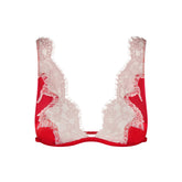SILK LACE PLUNGE BRALETTE | RUBY CONTRAST FLAT ON A WHITE BACKGROUND | FLT