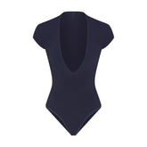 COTTON JERSEY DEEP PLUNGE BODYSUIT | NAVY FLAT ON A WHITE BACKGROUND | FLT