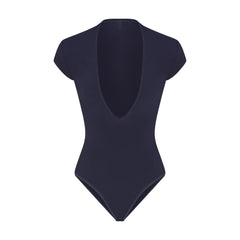 COTTON JERSEY DEEP PLUNGE BODYSUIT | NAVY FLAT ON A WHITE BACKGROUND | FLT