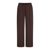 LIGHTWEIGHT SATIN STRAIGHT LEG PANT | ESPRESSO FLAT ON A WHITE BACKGROUND | FLT