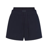 COTTON FLEECE DOUBLE WAISTBAND SHORT | NAVY & LAYS FLAT ON A WHITE BACKGROUND | FLT