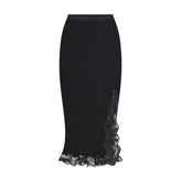 RIB KNIT LACE MIDI SKIRT | OBSIDIAN FLAT ON A WHITE BACKGROUND | FLT