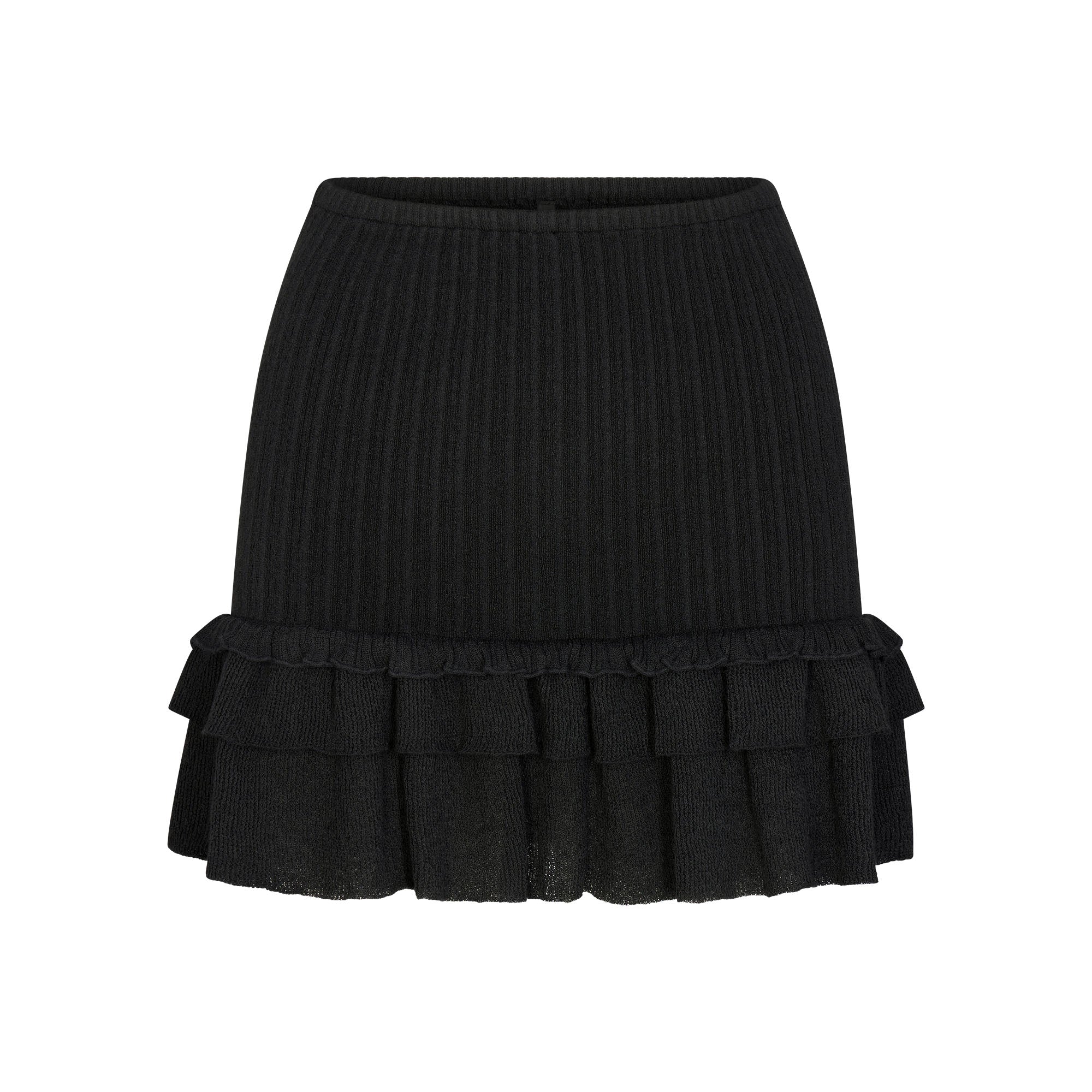 SHEER KNIT RUFFLE MINI SKIRT | ONYX FLAT ON A WHITE BACKGROUND | FLT