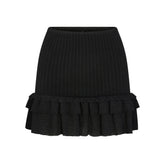 SHEER KNIT RUFFLE MINI SKIRT | ONYX FLAT ON A WHITE BACKGROUND | FLT
