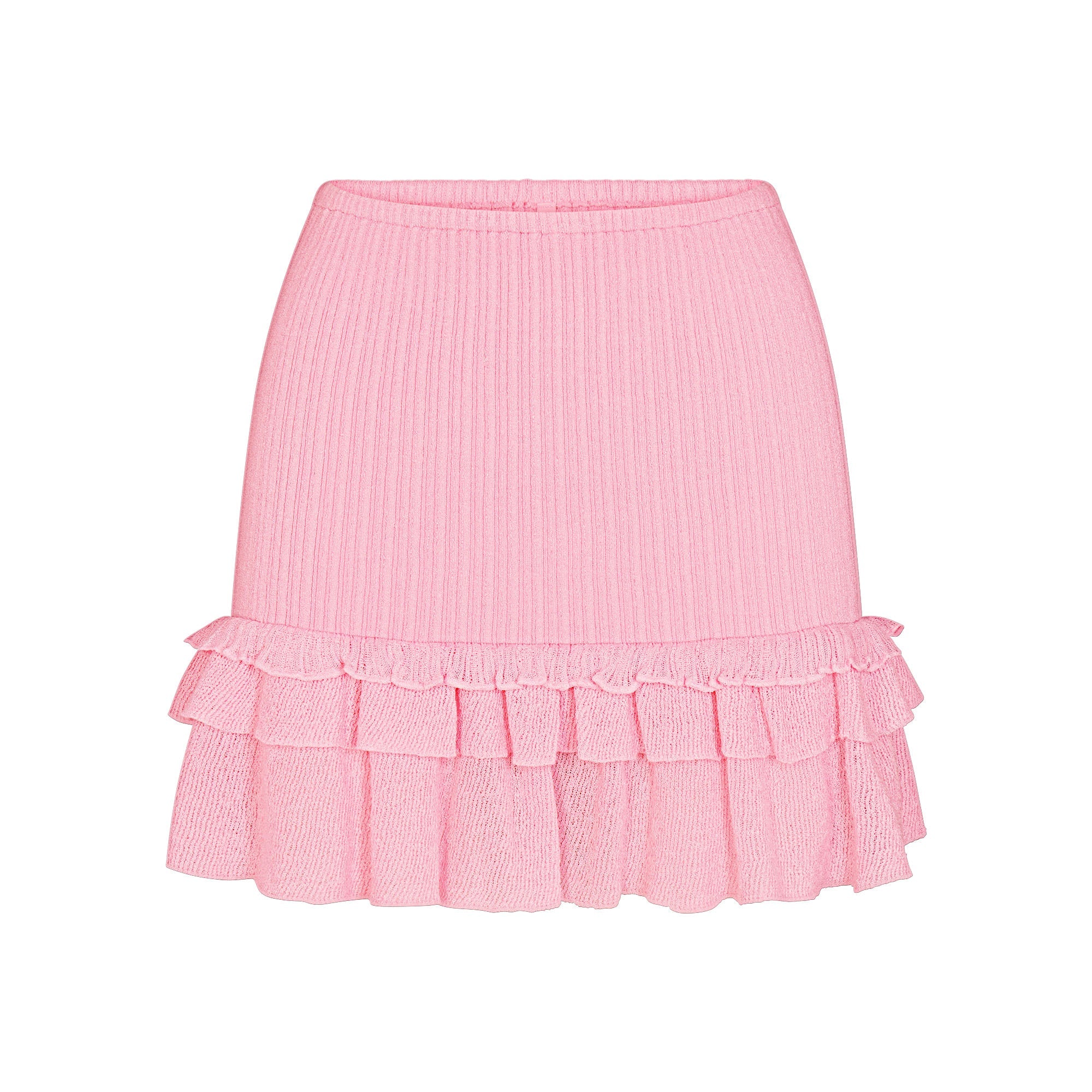 SHEER KNIT RUFFLE MINI SKIRT | PEONY FLAT ON A WHITE BACKGROUND | FLT
