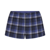 FLANNEL SLEEP CHEEKY BOXER | INDIGO OUTDOOR PLAID & LAYS FLAT ON A WHITE BACKGROUND | FLT