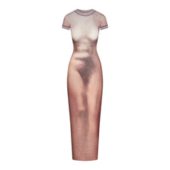 MESH COVER-UPS LONG DRESS | HENNA FK BODY PRINT LAYS FLAT ON A WHITE BACKGROUND | FLT