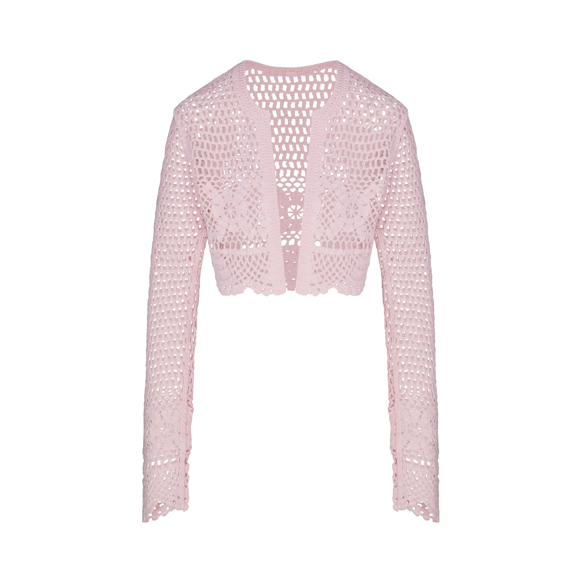 CROCHET COVER-UPS CROPPED CARDIGAN | CHERRY BLOSSOM FLAT ON A WHITE BACKGROUND | FLT