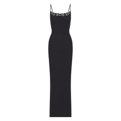 FITS EVERYBODY LACE LONG SLIP DRESS | ONYX (LONG DRESSES) LAYS FLAT ON A WHITE BACKGROUND | FLT