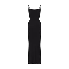 SOFT LOUNGE PETITE LONG SLIP DRESS | ONYX LAYS FLAT ON A WHITE BACKGROUND | FLT