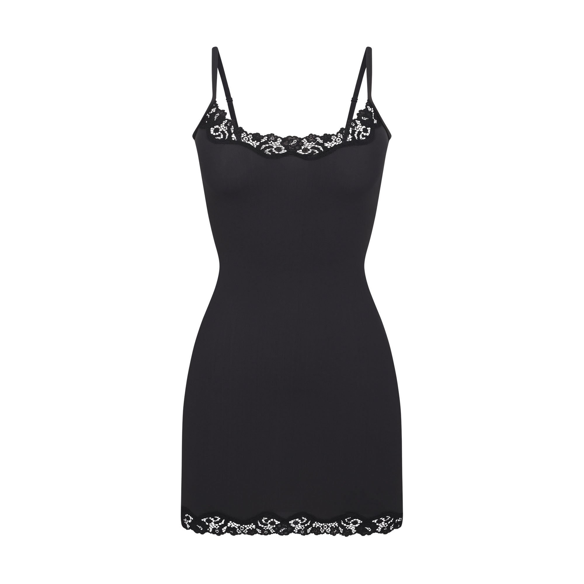 FITS EVERYBODY LACE SLIP DRESS | ONYX (MINI DRESSES) LAYS FLAT ON A WHITE BACKGROUND | FLT