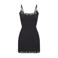 FITS EVERYBODY LACE SLIP DRESS | ONYX (MINI DRESSES) LAYS FLAT ON A WHITE BACKGROUND | FLT