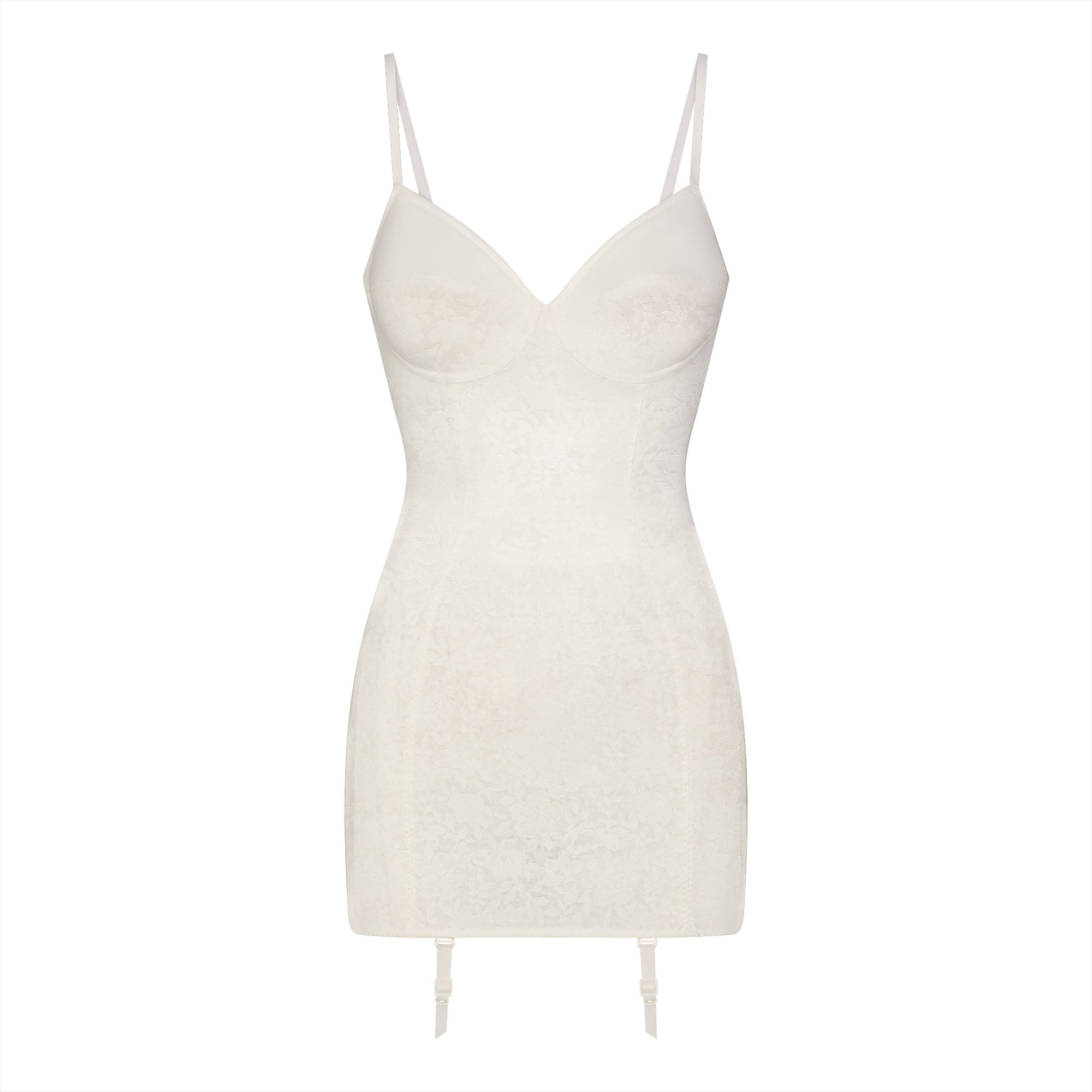 LACE SHAPEWEAR MINI SLIP DRESS | IVORY FLAT ON A WHITE BACKGROUND | FLT