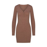 WOOL RIB HENLEY DRESS | SIENNA FLAT ON A WHITE BACKGROUND | FLT