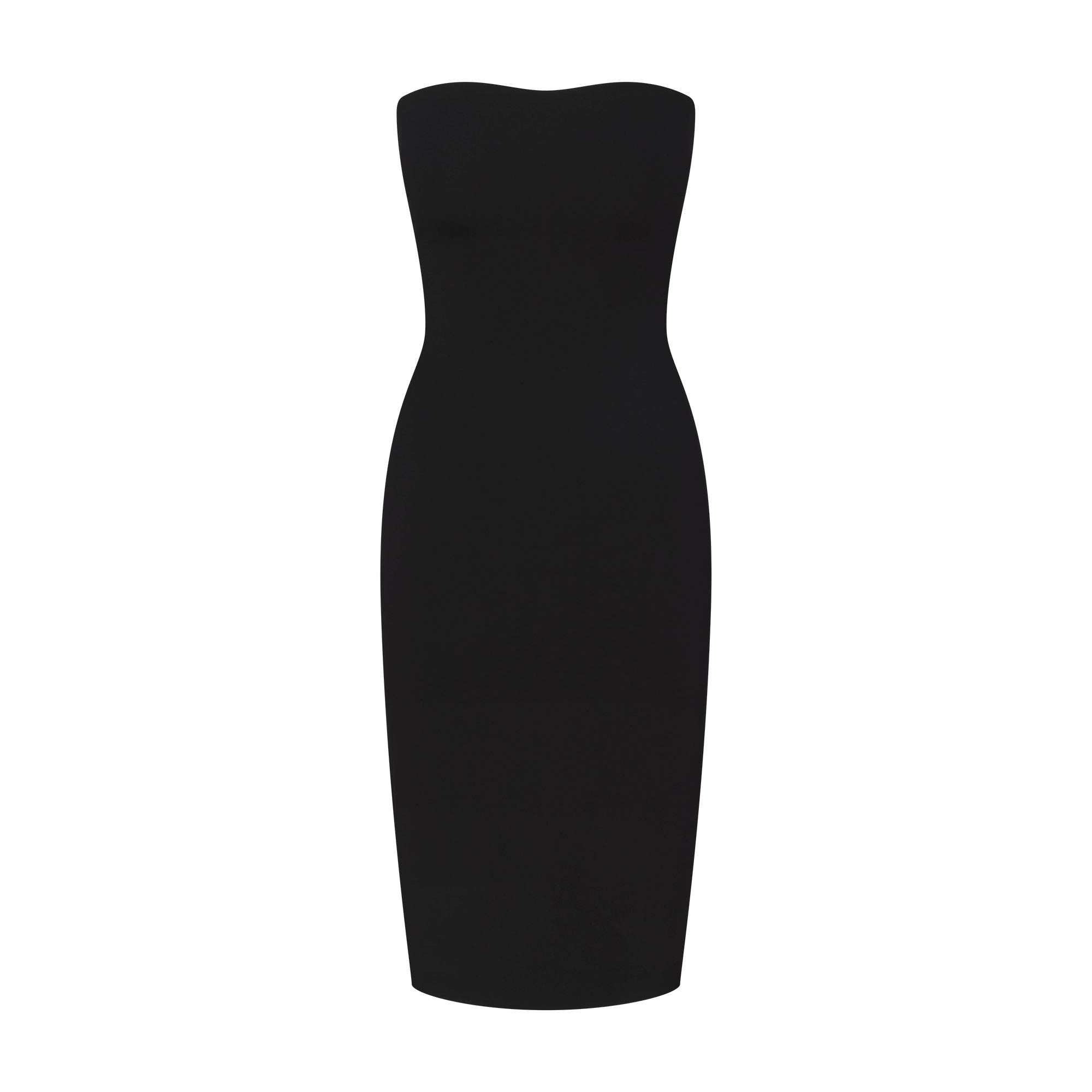 THE ESSENTIAL COLLECTION STRAPLESS MIDI DRESS | OBSIDIAN FLAT ON A WHITE BACKGROUND | FLT