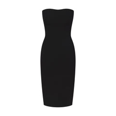 THE ESSENTIAL COLLECTION STRAPLESS MIDI DRESS | OBSIDIAN FLAT ON A WHITE BACKGROUND | FLT