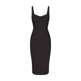 SKIMS BODY MIDI DRESS | ONYX FLAT ON A WHITE BACKGROUND | FLT
