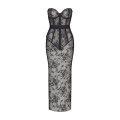 ULTRA FINE LACE STRAPLESS CORSET LONG DRESS | ONYX (LONG DRESSES) FLAT ON A WHITE BACKGROUND | FLT