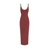 SMOOTH LAYERS SCOOP NECK LONG DRESS | HENNA LAYS FLAT ON A WHITE BACKGROUND | FLT