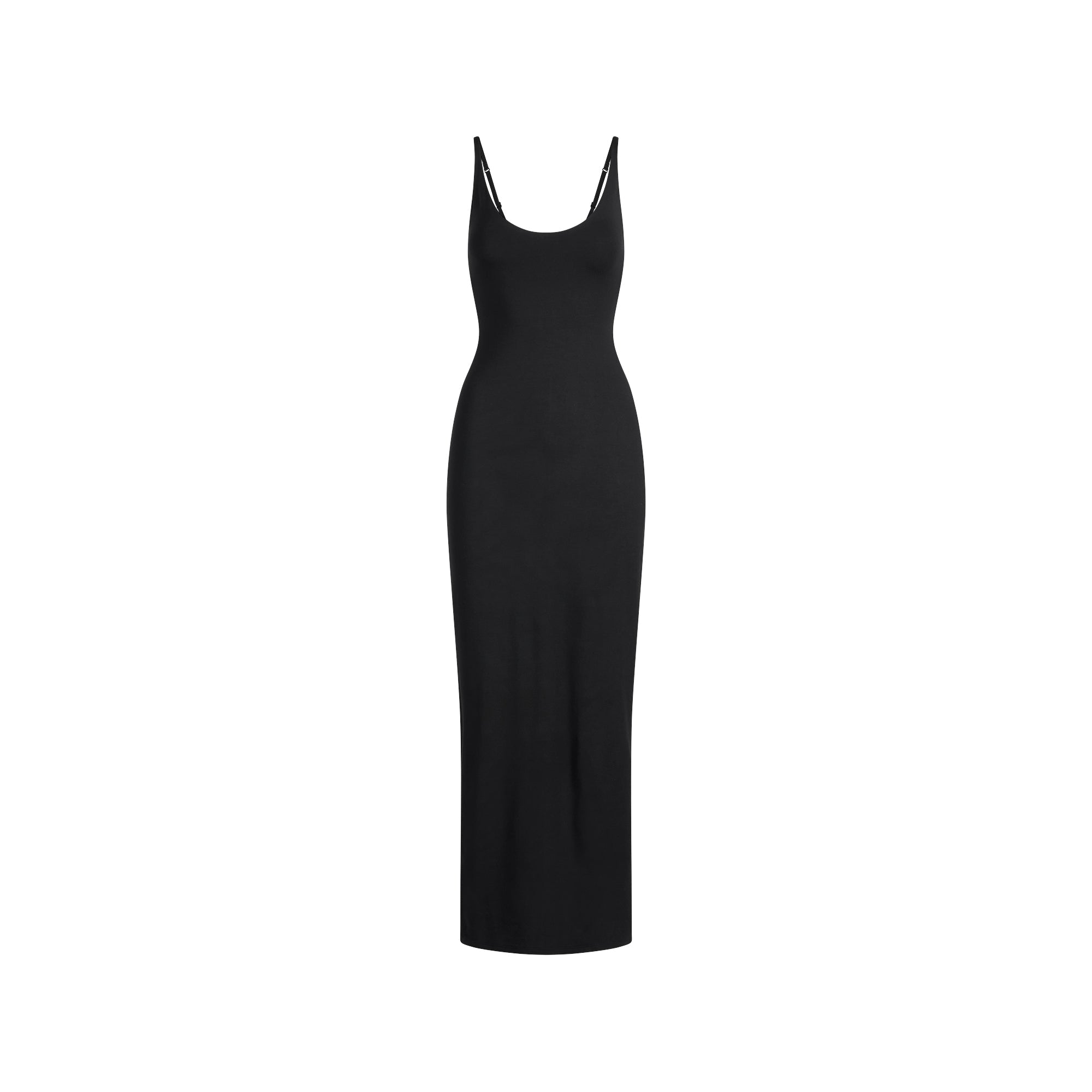 SMOOTH LAYERS SKIMPY SCOOP NECK LONG DRESS | OBSIDIAN FLAT ON A WHITE BACKGROUND | FLT