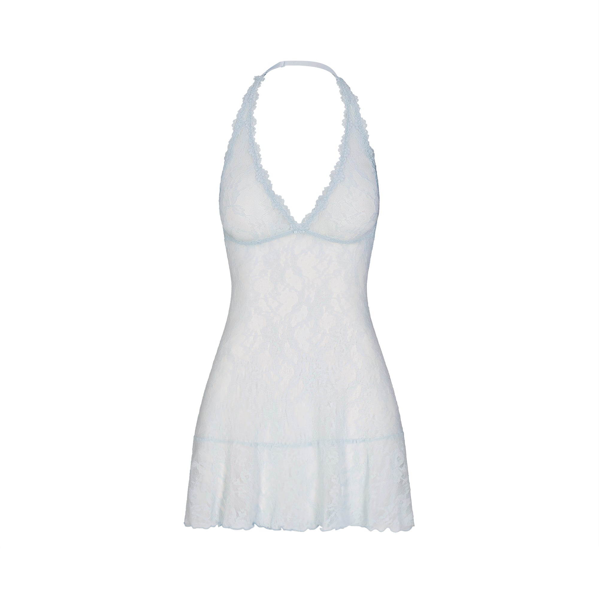 STRETCH LACE HALTER MINI DRESS | POWDER BLUE FLAT ON A WHITE BACKGROUND | FLT