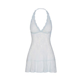 STRETCH LACE HALTER MINI DRESS | POWDER BLUE FLAT ON A WHITE BACKGROUND | FLT