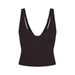 NikeSKIMS STUDIO STRETCH PLUNGE TANK | DARK ROAST LAYS FLAT ON A WHITE BACKGROUND | FLT