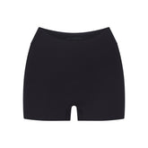 NikeSKIMS STUDIO STRETCH DIPPED 2" SHORT | OBSIDIAN LAYS FLAT ON A WHITE BACKGROUND | FLT