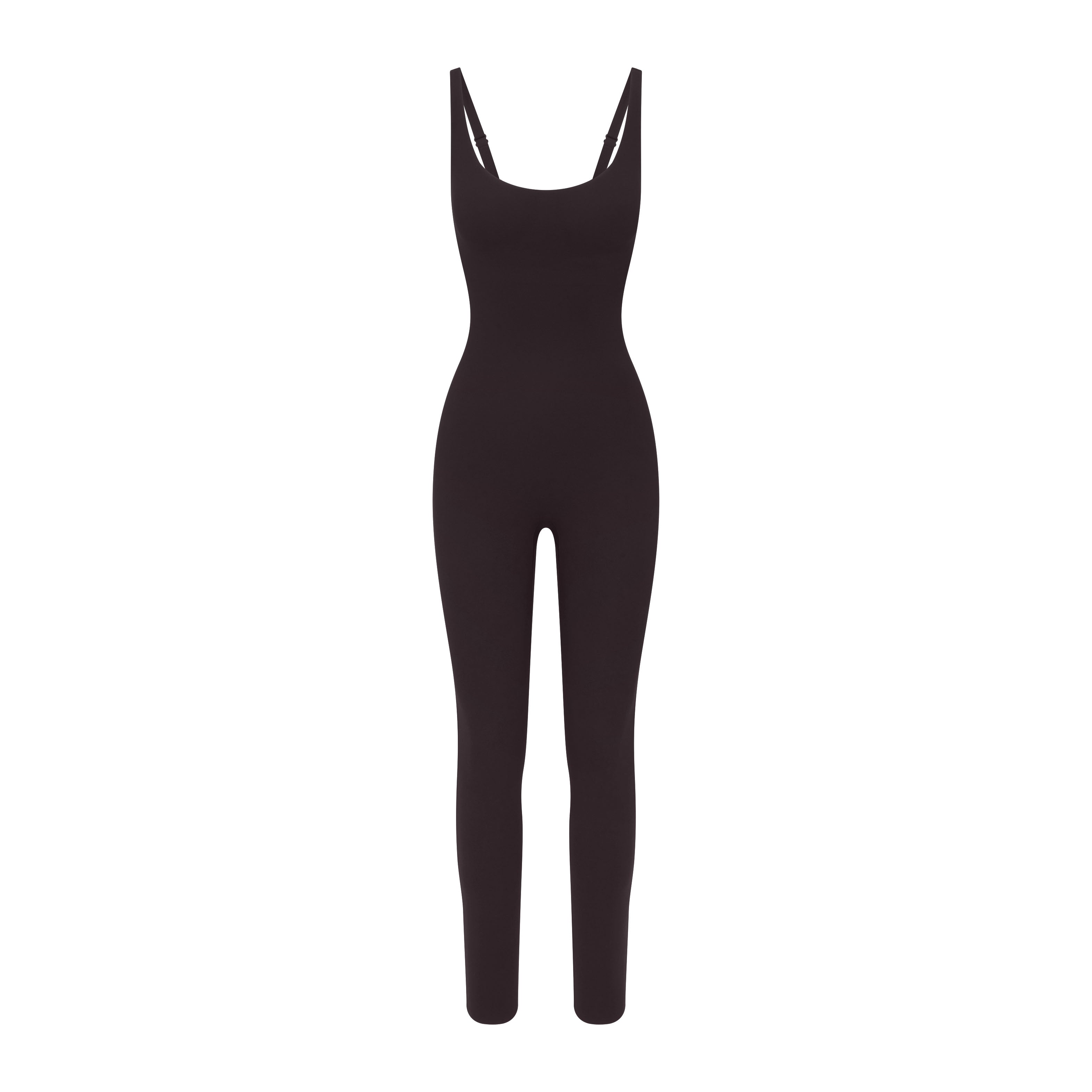 NikeSKIMS STUDIO STRETCH 29" ONE PIECE | DARK ROAST LAYS FLAT ON A WHITE BACKGROUND | FLT