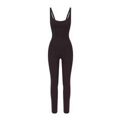 NikeSKIMS STUDIO STRETCH 29" ONE PIECE | DARK ROAST LAYS FLAT ON A WHITE BACKGROUND | FLT