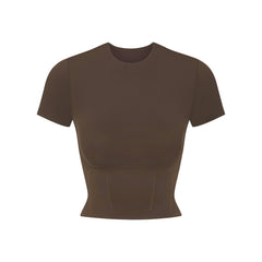 NikeSKIMS MATTE CORSET CROP TOP | DARK SEPIA LAYS FLAT ON A WHITE BACKGROUND | FLT