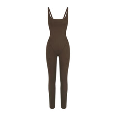 NikeSKIMS MATTE CORSET 29" ONE PIECE | DARK SEPIA LAYS FLAT ON A WHITE BACKGROUND | FLT