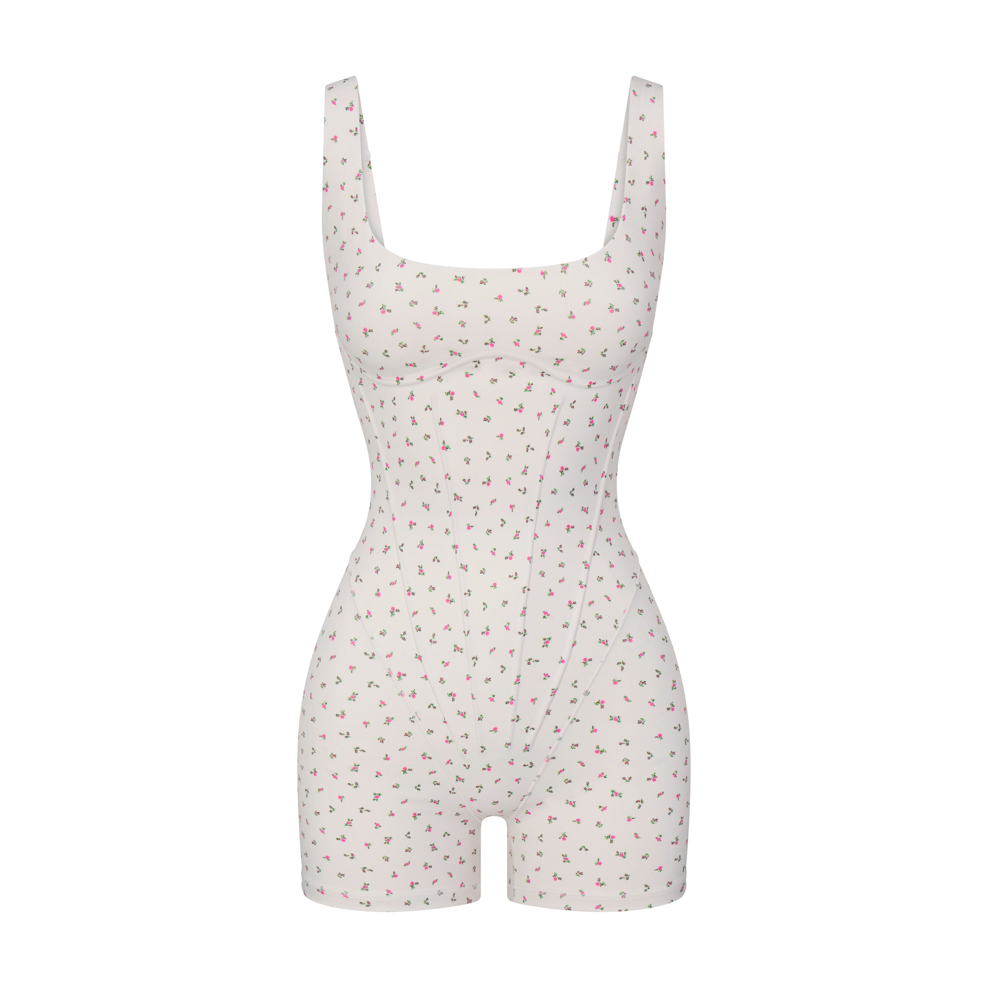 NikeSKIMS MATTE CORSET 2" ONE PIECE | DITSY FLORAL PRINT LAYS FLAT ON A WHITE BACKGROUND | FLT