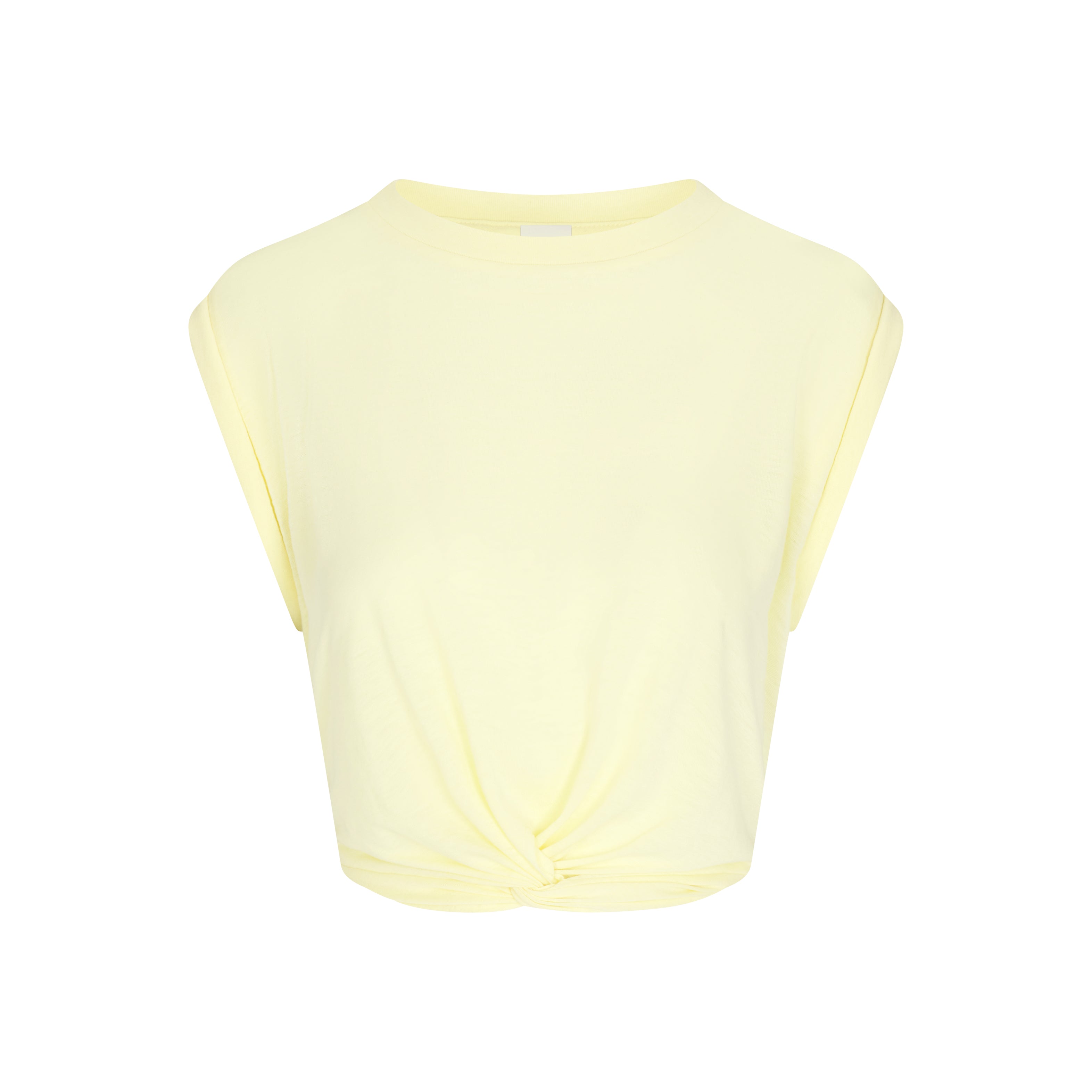 NikeSKIMS PERFORMANCE COTTON BLEND CROP TWIST TANK | BICYCLE YELLOW & LAYS FLAT ON A WHITE BACKGROUND | FLT