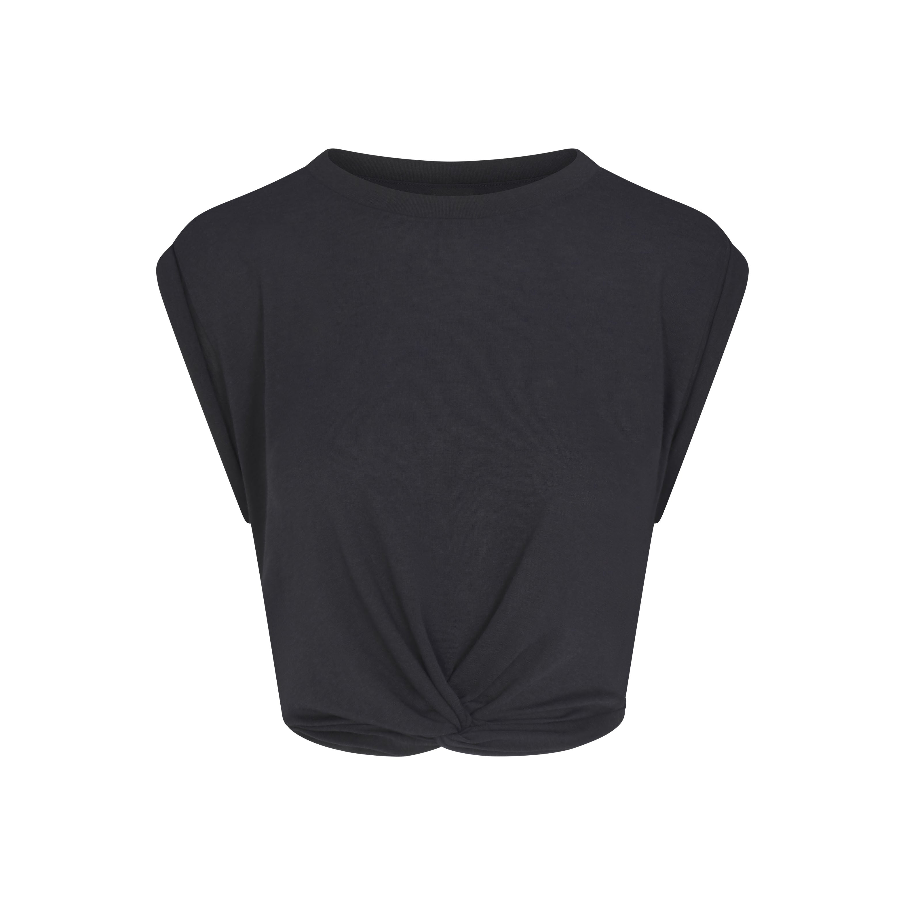 NikeSKIMS PERFORMANCE COTTON BLEND CROP TWIST TANK | OBSIDIAN & LAYS FLAT ON A WHITE BACKGROUND | FLT
