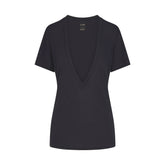 NikeSKIMS PERFORMANCE COTTON BLEND SHORT SLEEVE V-NECK TOP | OBSIDIAN & LAYS FLAT ON A WHITE BACKGROUND | FLT
