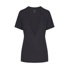 NikeSKIMS PERFORMANCE COTTON BLEND SHORT SLEEVE V-NECK TOP | OBSIDIAN & LAYS FLAT ON A WHITE BACKGROUND | FLT