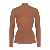 NikeSKIMS WEIGHTLESS LAYERS MOCK NECK LONG SLEEVE TOP | CAROB BRN & LAYS FLAT ON A WHITE BACKGROUND | FLT