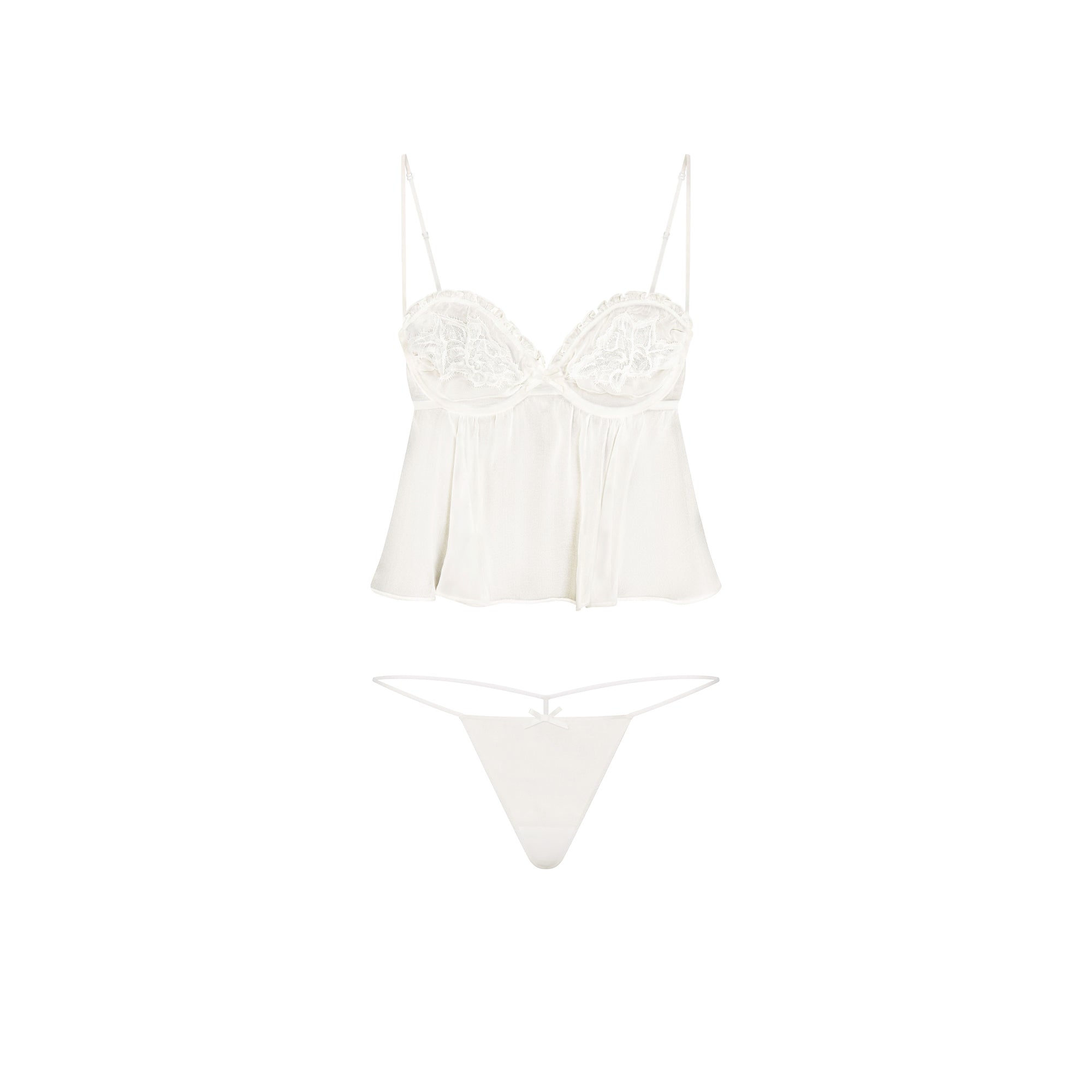 SKIMS ROMANCE BABYDOLL TOP AND STRING THONG SET | IVORY LAYS FLAT ON A WHITE BACKGROUND | FLT