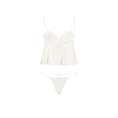SKIMS ROMANCE BABYDOLL TOP AND STRING THONG SET | IVORY LAYS FLAT ON A WHITE BACKGROUND | FLT