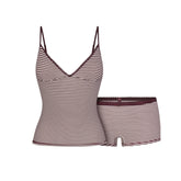 LIGHTWEIGHT COTTON LOGO PICOT CAMI AND BOY SHORT SET | CURRANT FEEDER STRIPE & LAYS FLAT ON A WHITE BACKGROUND | FLT