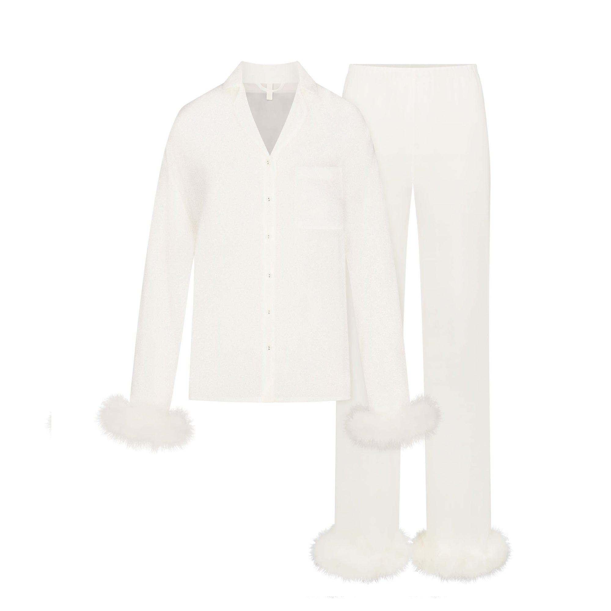 BRIDAL SLEEP FEATHER TRIM LONG SET | IVORY LAYS FLAT ON A WHITE BACKGROUND | FLT