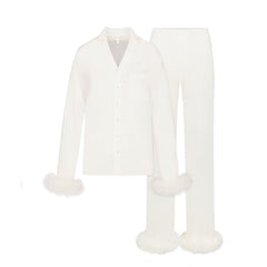 BRIDAL SLEEP FEATHER TRIM LONG SET | IVORY LAYS FLAT ON A WHITE BACKGROUND | FLT