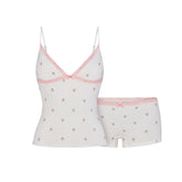 LIGHTWEIGHT COTTON POINTELLE LACE CAMI AND BOY SHORT SET | SNOW MICRO DOT FLORAL & LAYS FLAT ON A WHITE BACKGROUND | FLT