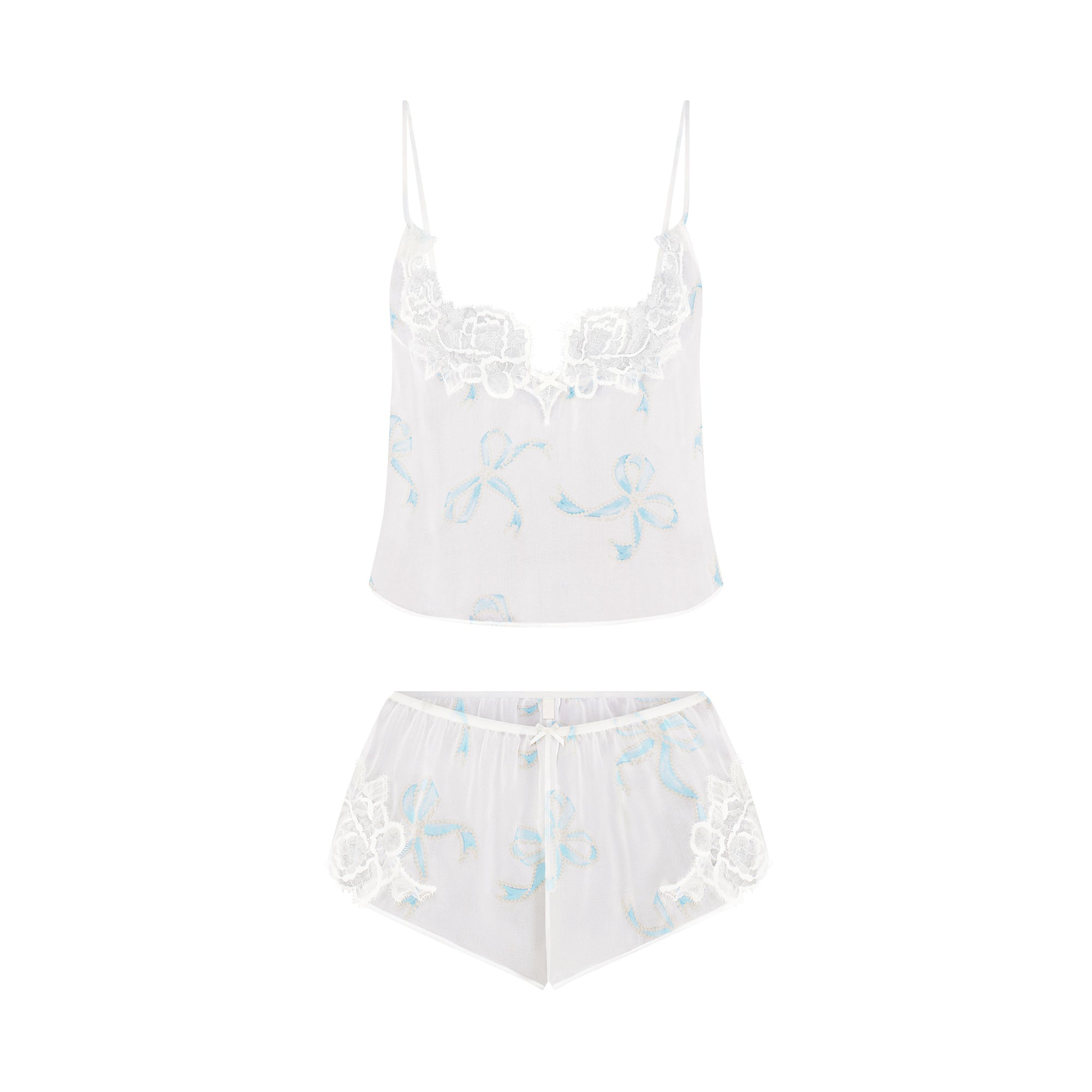 SKIMS ROMANCE CAMI AND SHORT SET | IVORY PEARL BOWS PRINT FLAT ON A WHITE BACKGROUND | FLT